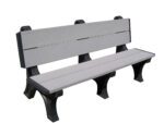 The Vestil Bench Deluxe Backed 2848, with a sleek gray seat and sturdy black legs, features three backrest slats. Its simple, modern design and durable materials make it ideal for public spaces and parks.