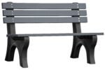 The Vestil Bench Economy Backed 48 Bk Leg Char Seat features a dark gray slatted wooden design with sturdy black supports, perfect for parks or gardens. Positioned against a plain white background, it elegantly combines function and style.