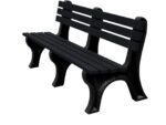 The Vestil Bench Economy Backed 72 Bk Leg Black Seat features a slatted back and seat with three sturdy legs in classic black, elegantly displayed against a plain white background, merging simplicity and durability perfectly.
