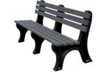 The Vestil Bench Economy Backed 72 Bk Leg Char Seat features a minimalist black and gray design with three back slats and sturdy legs. Measuring 72 inches, its ideal for outdoor spaces, offering style and durability in its composite material.
