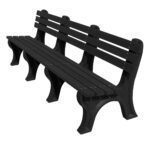 Vestils Bench Economy Backed 96 Bk Leg Black Seat is a six-foot outdoor bench crafted from durable plastic resin, featuring a slatted back, sturdy legs, and weather-resistant design, ideal for parks and patios.