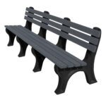 Presenting the Vestil Bench Economy Backed 96 Bk Leg Char Seat, a durable 96 outdoor bench with a slatted char seat and sturdy black legs in dark gray. Ideal for relaxing outside, it offers a seamless blend of simplicity and durability.