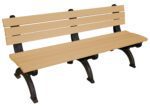The Vestil Bench Monarque Backed 72 Bk Leg Cedar Seat combines style and comfort with its cedar seat featuring three light-brown horizontal slats for the backrest. It is supported by sturdy black legs and displayed against a white background.