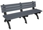 The Vestil Bench Monarque Backed 72 with black legs and a charcoal seat features a gray, slatted design. Its minimalist, functional style makes it ideal for parks or public spaces, providing reliable seating on a neutral palette.