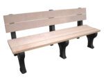 The Vestil Bench Traditional Backed 72 Bk Leg Cedar Seat showcases a timeless design with a cedar seat of light brown planks and sturdy black metal legs. With three horizontal backrest slats and four supporting legs, it offers classic appeal from the front view.