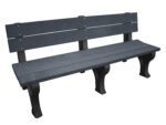 A simple, empty Vestil Bench Traditional Backed 72 with a dark wooden seat and backrest, supported by black metal legs, isolated on a white background.