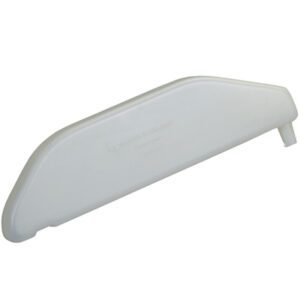 The white plastic lint trap, similar in efficient design to the Better Pack® 555e Series Replacement Bottle, has a flat rectangular shape with curved edges and a mesh area for collecting lint. It includes a small handle for easy removal and cleaning.