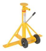 The Vestil Big Foot Stabilizing Jack 40K Lift Cap features a yellow hydraulic design, metal handle, two black wheels, and a triangular base for stability. It includes a round lifting pad at the top and an adjustment lever for ease of use.