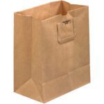 The MH-USA 12 x 7 x 14 Flat Handle Grocery Bag (300/Case) stands upright with its reinforced handles and flat base, displaying the typical creases of paper material, making it a practical choice for shopping.