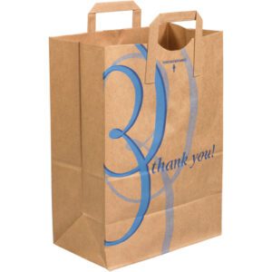 The MH-USA 12 x 7 x 17 grocery bag has elegant blue designs, thank you! printed on it, square handles, and an arrow for easy opening. Ideal for shopping needs, it comes in a case of 300.