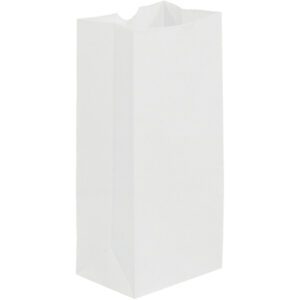 An MH-USA 5 x 3 1/4 x 9 3/4 white grocery bag from a bundle of 500 stands against a light background, showcasing its rectangular base, folded side flaps, and open top, ready for use.