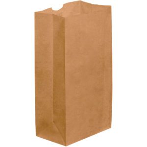 A 6 x 3 5/8 x 11 Kraft Grocery Bag (500/Bundle) stands upright with a flat bottom and open top against a white backdrop. This plain, brown paper bag is unadorned and ideal for carrying groceries or other items efficiently.