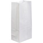 A single MH-USA 7 3/4 x 4 3/4 x 16 white grocery bag stands upright on a white background, displaying visible folds and creases that indicate it is empty and ready to join its companions in the case of 500.