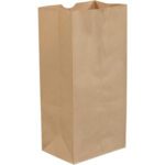 The 8 1/4 x 5 1/4 x 18 Kraft Grocery Bags (500/Bundle) feature an upright design with a rectangular base and open top, ideal for carrying groceries or lunch items, and are displayed against a minimalist white background.