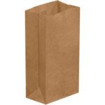The 3 1/2 x 2 3/8 x 6 7/8 Kraft Grocery Bags feature a plain, upright brown design with a flat base and open top. Their creased sides suggest expandable capacity, and their smooth texture makes them ideal for groceries or lunches. They come in packs of 500 per case.