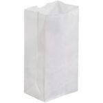 The MH-USA 3 1/2 x 2 3/8 x 6 7/8 White Grocery Bag, sold in cases of 500, stands upright on a white background, featuring a flat bottom, slightly crumpled sides, and an open top with scalloped edges.