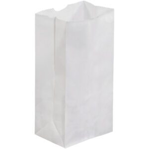 The MH-USA 3 1/2 x 2 3/8 x 6 7/8 White Grocery Bag, sold in cases of 500, stands upright on a white background, featuring a flat bottom, slightly crumpled sides, and an open top with scalloped edges.
