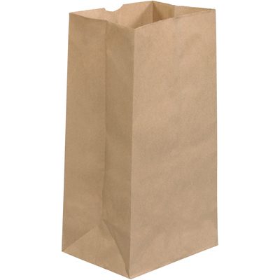BGG119K.jpg An upright Kraft grocery bag with a rectangular base stands against a white background, measuring 8 1/4 x 6 1/8 x 15 7/8. The top is open, and folds and creases are visible—a typical example of the product: 8 1/4 x 6 1/8 x 15 7/8 Kraft Grocery Bags (500/Case).