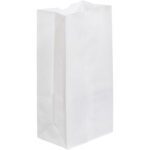 The MH-USA 7 1/16 x 4 1/2 x 13 3/4 white grocery bag stands upright with a rectangular base and crisp folds, offering a simple, clean appearance ideal for carrying items.