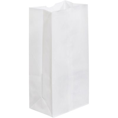 BGG122W.jpg The MH-USA 7 1/16 x 4 1/2 x 13 3/4 white grocery bag stands upright with a rectangular base and crisp folds, offering a simple, clean appearance ideal for carrying items.
