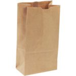 A plain, upright 4 5/16 x 2 7/16 x 7 7/8 Kraft Hardware Bag with a rectangular base and open top, slightly crinkled at the edges, stands on a white background. This durable bag is bundled in sets of 400 to meet all your needs.