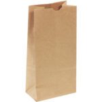 The 6 1/8 x 4 1/5 x 12 7/16 Kraft Hardware Bag from a bundle of 400 stands upright with its top slightly open against a white background, showcasing its plain brown design and rectangular base without handles.
