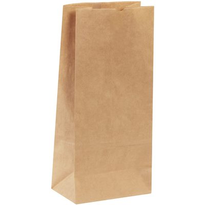 BGH131K.jpg An 8 1/4 x 5 1/4 x 18 Kraft hardware bag stands upright on a white background. The plain brown bag with a rectangular base and open top is perfect for carrying groceries or lunches. Available in bundles of 400.