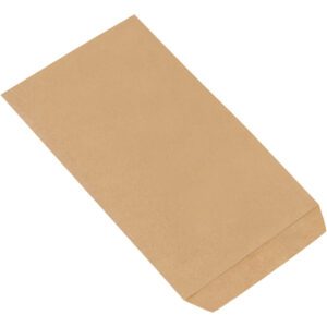 Displayed against a white background is a plain, brown 5 x 7 1/2 Kraft Flat Merchandise Bag from a set of 4000 per case. The rectangular envelope-style bag seems securely sealed and ready for use.