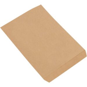 An 8 1/2 x 11 Kraft Flat Merchandise Bag (2000/Case) lies flat on a white background. The plain brown rectangular bag features a sturdy flat bottom, perfect for packaging or carrying items easily.