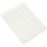 The MH-USA 12 x 15 White Flat Merchandise Bags (1000/Case) feature a slightly glossy texture and simple design, unsealed and ready to use, lying flat on a white background—ideal for retailers.