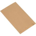 A 10 x 2 x 15 Kraft Gusseted Merchandise Bag lies flat on a white background, depicted from an angled perspective to showcase its gusseted rectangular shape and folded bottom edge. Perfect for packaging, these bags are sold in cases of 1000.