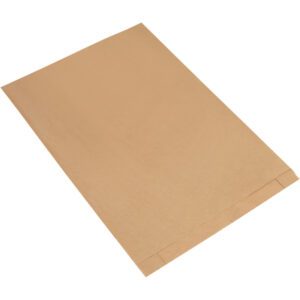 A plain, brown paper envelope laid flat against a white background resembles the 22 1/5 x 7 1/2 x 30 Kraft Gusseted Merchandise Bag. Unopened and pristine, it features a sealing flap on one end.