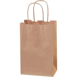 The 5 1/2 x 3 1/4 x 8 3/8 Kraft Paper Shopping Bag, from a case of 250, stands upright. With slightly uneven top edges and neatly folded sides, its empty against a white background, ready for versatile use.