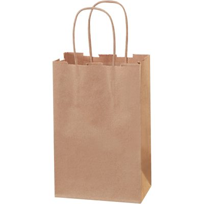 BGS101K.jpg The 5 1/2 x 3 1/4 x 8 3/8 Kraft Paper Shopping Bag, from a case of 250, stands upright. With slightly uneven top edges and neatly folded sides, its empty against a white background, ready for versatile use.