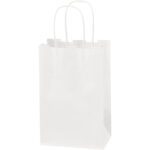 The MH-USA 5 1/2 x 3 1/4 x 8 3/8 white paper shopping bag stands upright with sturdy handles, perfect for small to medium-sized items, and is sold unused in cases of 250.
