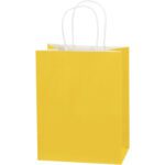 The MH-USA Buttercup Tinted Shopping Bag, with white handles and a size of 8 x 4.5 x 10.25, stands upright against a white background, adding a cheerful splash of yellow to your retail display.