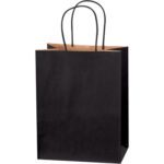 The MH-USA 8 x 4 1/2 x 10 1/4 black tinted shopping bags, available in cases of 250, feature sleek black handles and a contrasting brown interior. They stand upright against a white background, exemplifying modern elegance—ideal for any sophisticated retail setting.