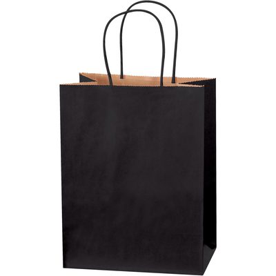 BGS103BL.jpg The MH-USA 8 x 4 1/2 x 10 1/4 black tinted shopping bags, available in cases of 250, feature sleek black handles and a contrasting brown interior. They stand upright against a white background, exemplifying modern elegance—ideal for any sophisticated retail setting.