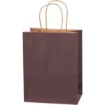 The MH-USA 8 x 4 1/2 x 10 1/4 brown tinted shopping bag, part of a case of 250, features sturdy twisted paper handles and stands upright against a white background, highlighting its practicality and style.