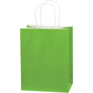 The MH-USA 8 x 4 1/2 x 10 1/4 Citrus Green Tinted Shopping Bag stands upright with its white twisted handles against a plain white background.