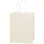A plain, light-colored paper shopping bag with two white handles stands upright against a white background. This MH-USA 8 x 4 1/2 x 10 1/4 French Vanilla Tinted Shopping Bag offers elegance and simplicity, available in cases of 250.