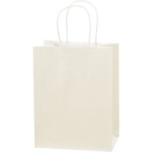 A plain, light-colored paper shopping bag with two white handles stands upright against a white background. This MH-USA 8 x 4 1/2 x 10 1/4 French Vanilla Tinted Shopping Bag offers elegance and simplicity, available in cases of 250.