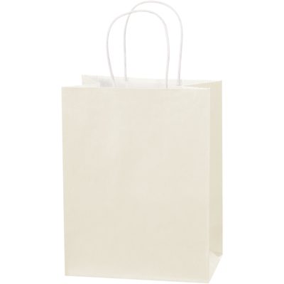 BGS103FV.jpg A plain, light-colored paper shopping bag with two white handles stands upright against a white background. This MH-USA 8 x 4 1/2 x 10 1/4 French Vanilla Tinted Shopping Bag offers elegance and simplicity, available in cases of 250.