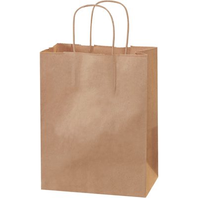 BGS103K.jpg The 8 x 4 1/2 x 10 1/4 Kraft Paper Shopping Bags (250/Case) are plain brown with twisted handles, offering a rustic charm perfect for any occasion. These upright bags are versatile and available in bulk.