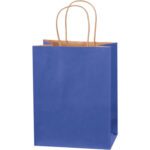 MH-USA Parade Blue Tinted Shopping Bags, sized 8 x 4.5 x 10.25, feature brown twisted handles and a matte finish, ideal for various occasions. Sold in cases of 250, they stand upright with a simple, plain design to meet all your shopping needs.