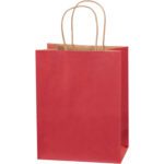 The MH-USA 8 x 4 1/2 x 10 1/4 Scarlet Tinted Shopping Bags with brown twisted handles stand upright against a white background, available in bulk with 250 per case.
