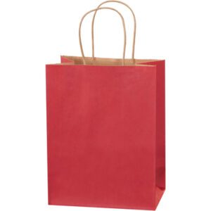 The MH-USA 8 x 4 1/2 x 10 1/4 Scarlet Tinted Shopping Bags with brown twisted handles stand upright against a white background, available in bulk with 250 per case.