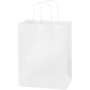 An MH-USA 8 x 4 1/2 x 10 1/4 white paper shopping bag with two thin handles stands upright against a neutral background.