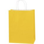 A yellow paper shopping bag with white twisted handles stands upright against a white background, showcasing MH-USAs 10 x 5 x 13 Buttercup Tinted Shopping Bags, offered in cases of 250.