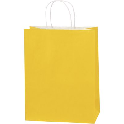 BGS104BC.jpg A yellow paper shopping bag with white twisted handles stands upright against a white background, showcasing MH-USAs 10 x 5 x 13 Buttercup Tinted Shopping Bags, offered in cases of 250.